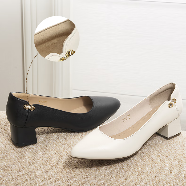 RED DRAGONFLY Shallow-Mouth Pumps, Women's Spring Shoes, Chunky Heel High Heels, French-Style Commuter Leather Shoes WLB15058, Beige, Size 39 7