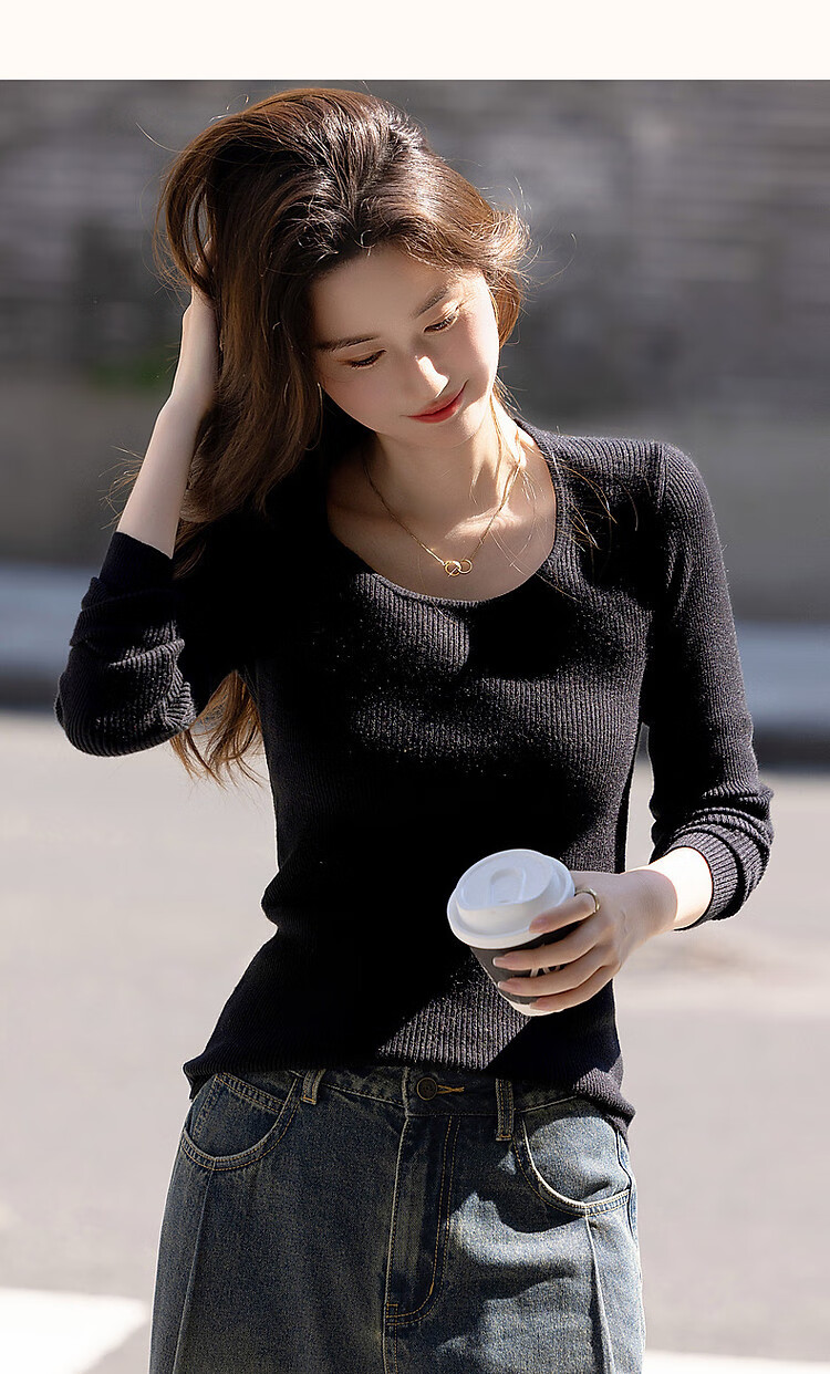 DME Winter Port Style Low Round Neck Slim Fit Concealing Long Sleeve Knit Top for Women Off-White M 19