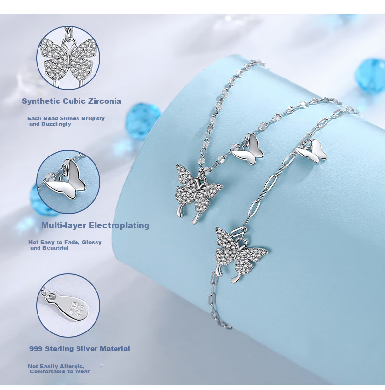 Dijing 999 Sterling Silver Butterfly Necklace for Women, Practical Double-Layer Elegant Collarbone Chain Pendant, Light Luxury Birthday Gift for Girls 5