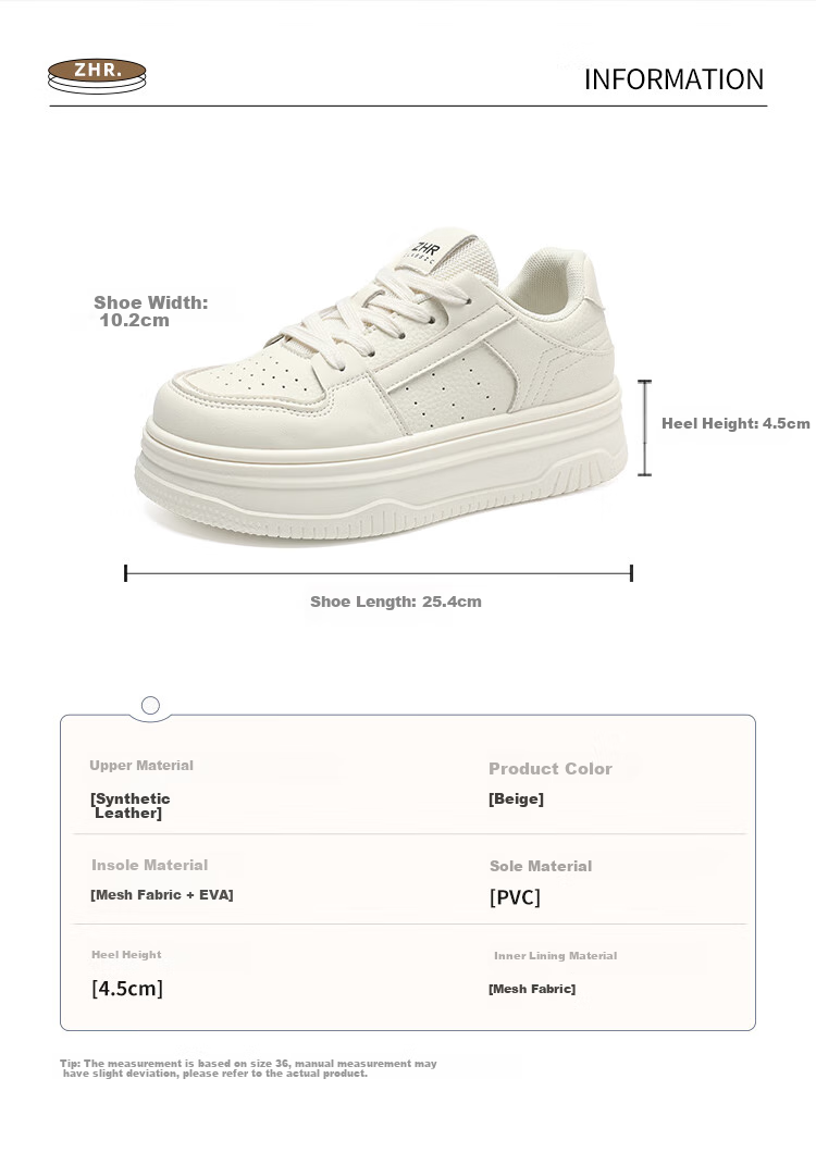 ZHR Women's Casual Shoes, Breathable, Lightweight, Durable, Versatile, Simple, Thick-Soled White Sneakers for Women, IF03, Beige, Size 35 7
