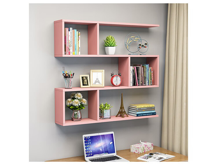 Ourunzhe Wall-Mounted Storage Rack, No Drilling Required, Double-Layer Hanging Cabinet, S-Shaped Storage Shelf, Decorative Bookshelf, Walnut Color 12