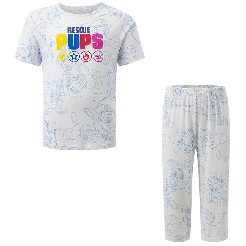 Aimer Kids Boys' Loungewear Set, Modal Short-Sleeve Top with Cropped Pants, Pajama Outfit for Boys, Paw Patrol Style, Size 120