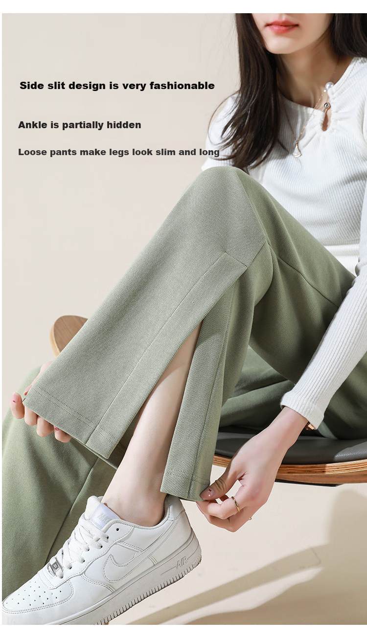 Dme [Knitted Pants] Spring And Autumn Commuter Women's Trousers with Drawstring Elastic Waist Straight Casual Wide-Leg Pants for Wome 6