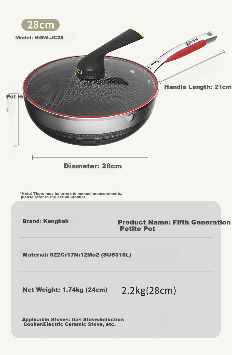 KBH Fifth Generation Wok, 316L Stainless Steel, Elegant Pan, Double-Sided Honeycomb Flat Bottom Frying And Stir-Frying Pan, Non-Stick Pan, Low Smoke 14