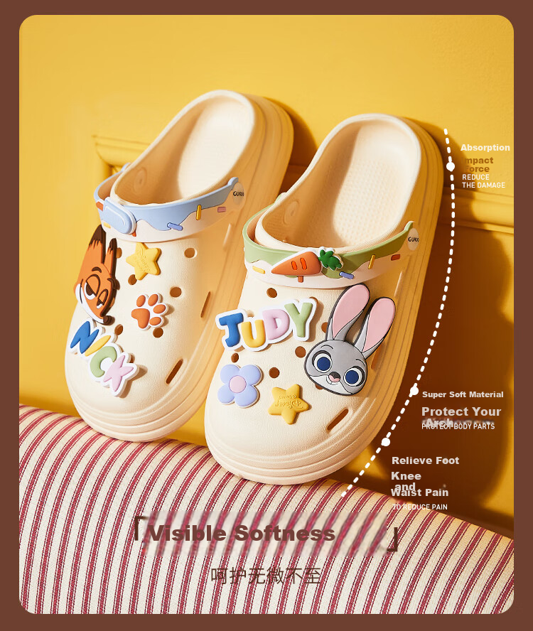 Gukoo Women's Summer Slippers, Zootopia Crocs-Style Shoes, Indoor Wearable, Non-Slip Thick-Soled Beach Sandals, Beige, Size 39-40 5