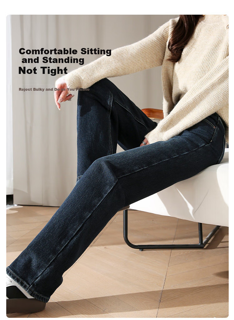 Dme [Fleece-Lined Slim Straight-Leg Pants] Winter Slim Straight-Leg High-Waist Elastic Fleece Wide-Leg Jeans for Wome 3
