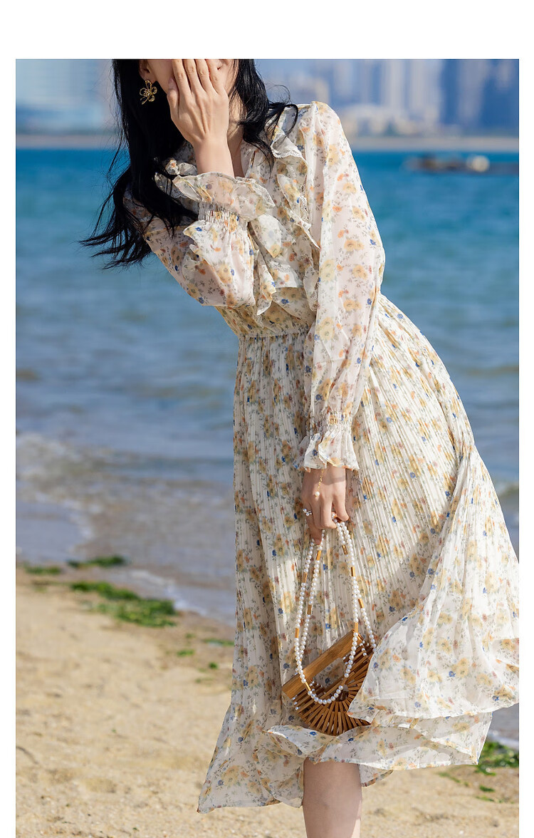 Dme [Ribbon Umbrella Skirt], Autumn Lotus Leaf Edge Umbrella Skirt, Lace X-Shaped Floral Print Midi Dress for Wome 10