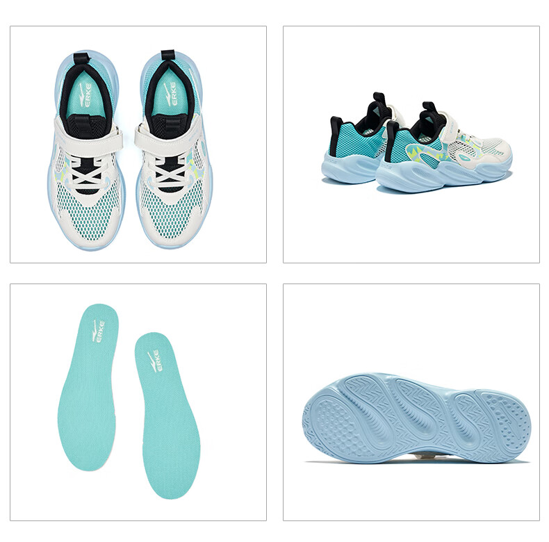 ERKE Children's Shoes, Boys And Girls Big Kids Sports Shoes, Children's Summer Breathable Running Shoes, Micro-Crystal White/light Oxygen Blue, Size 36 50