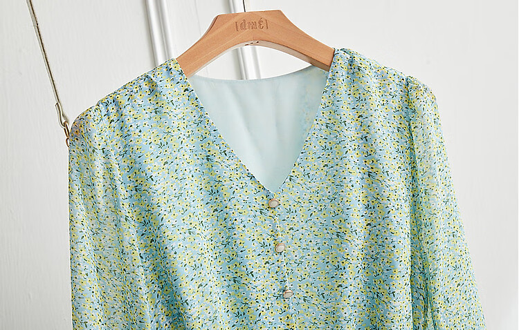 Dme [Sweet Floral Chiffon Umbrella Dress], Spring And Autumn V-Neck Waist-Cinching Long-Sleeve Dress, Mid-Length Women's Dress 10
