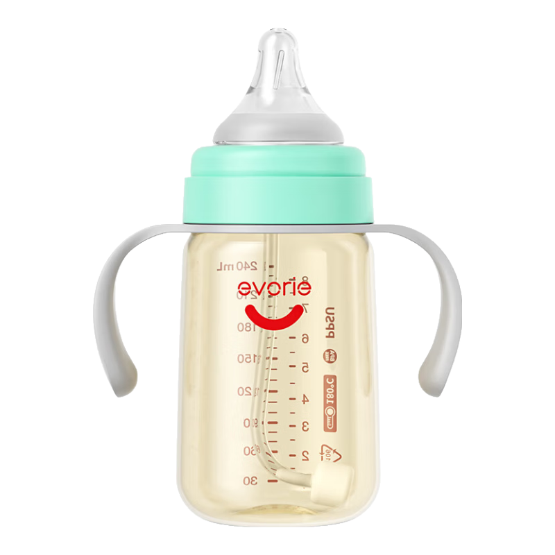 Evorie Baby Bottle for 6 Months And Above, Wide Neck with Handle And Gravity Ball, PPSU Bottle, 240ml Gree