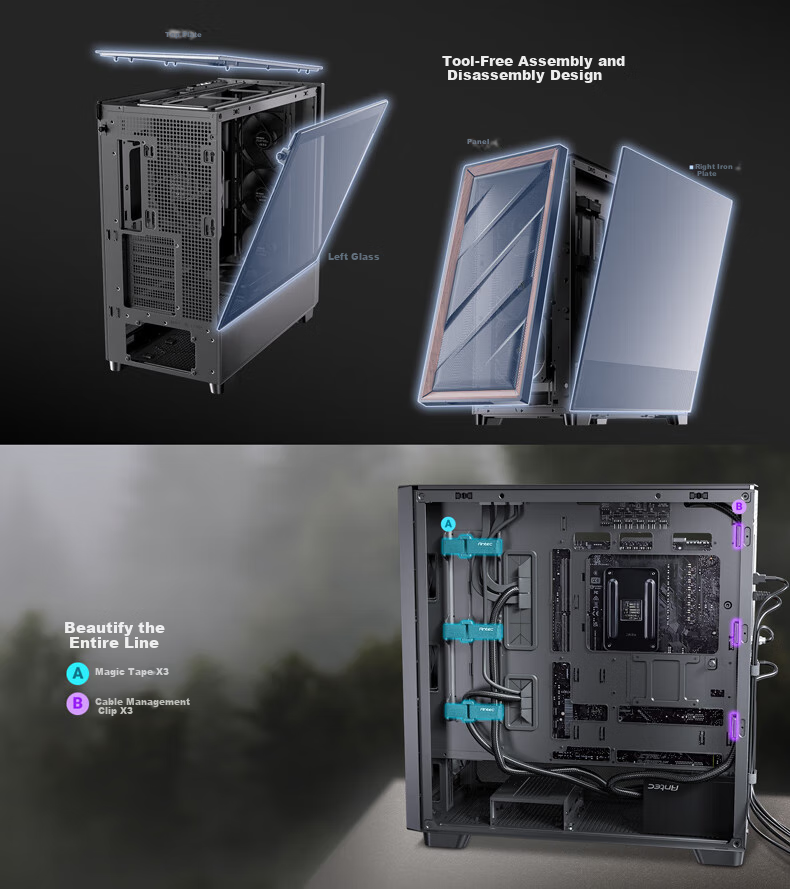 Antec FLUX Case Computer Tower Glass Side Panel/solid Wood Appearance/powerful Cooling/FLUX Airflow Patent/standard 5 Fans /Dual 360/E-ATX 6