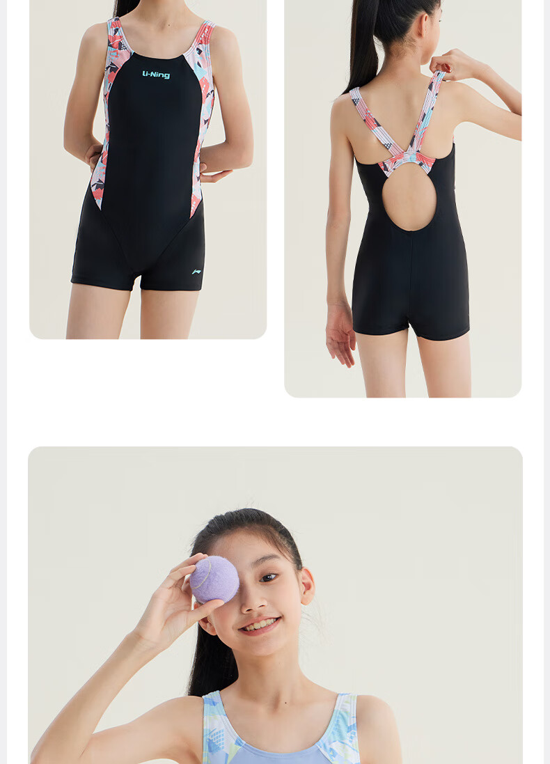 Li-Ning Youth Swimsuit, Girls' Comfortable Sports One-Piece Sleeveless Boyleg, Professional Training Swimwear, 0011 Gray-Purple, Size 160 16