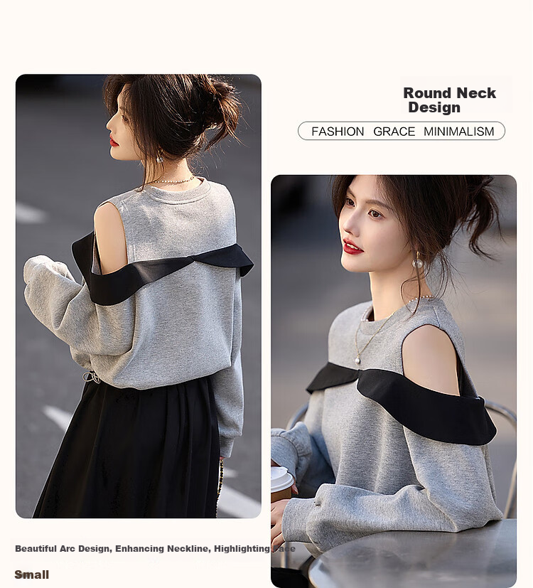 Dme [Designer Private Label] Spring And Autumn Round Neck Ruffle Contrasting Color Off-Shoulder Pique Air Layer Sweatshirt Women's Top 5