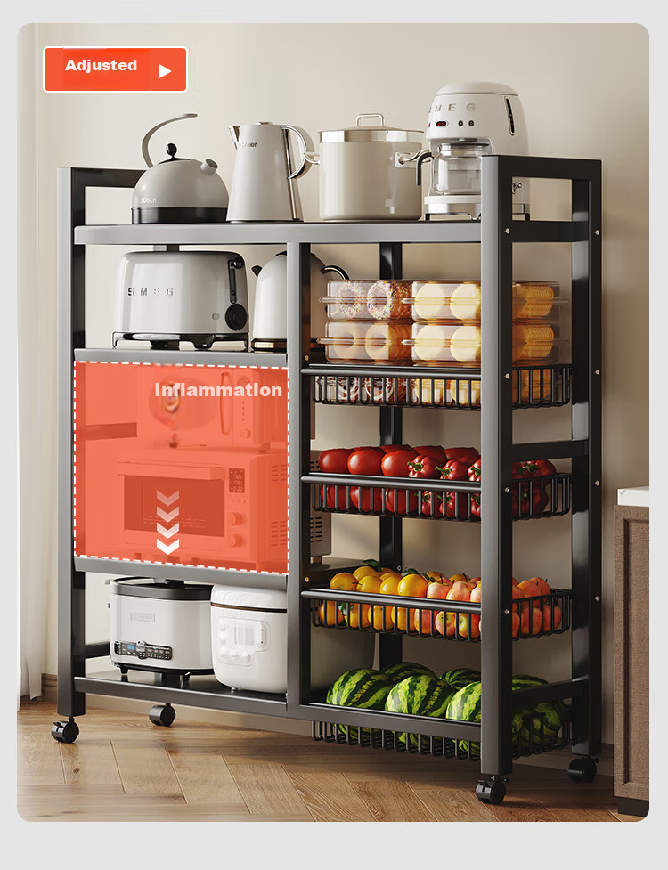 QIAONAMEI Floor Storage Rack, Multifunctional Kitchen Organizer Shelf, Microwave Oven Storage Rack, Fruit And Vegetable Basket Shelf 6392-BK(B) 8