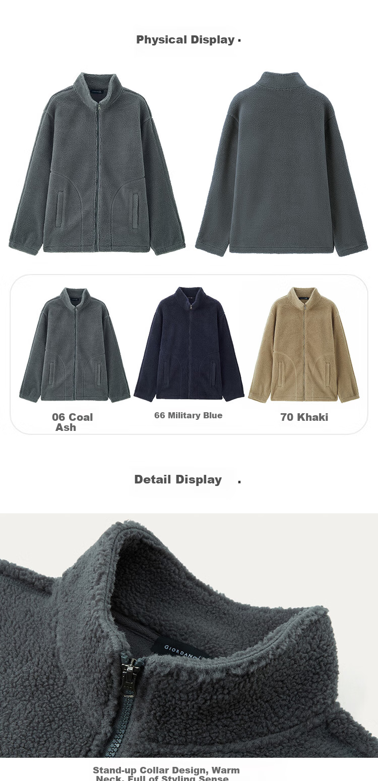 Giordano Fleece Jacket for Men, Faux Sherpa Warm Coat, Quilted Pocket, Stand Collar, Zipper Jacket for Men 01074857 17