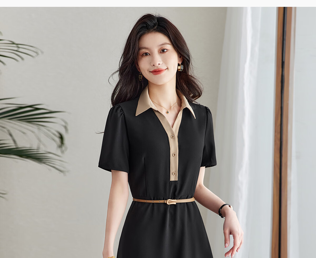 YUZHAOLIN Colorblock Short Sleeve Dress Women Waist Slim Elegant Fashion Lapel Little Black Dress (with Belt) Y52Q038 3