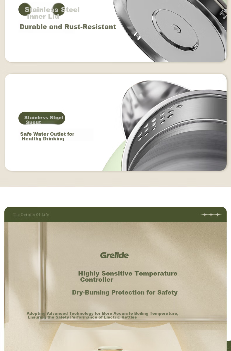 Grelide Pure Titanium Electric Kettle 99.9% Titanium Double-Layer Anti-Scald Large Capacity Smart Temperature Control Electric Water Boiler China Red D1215E 4