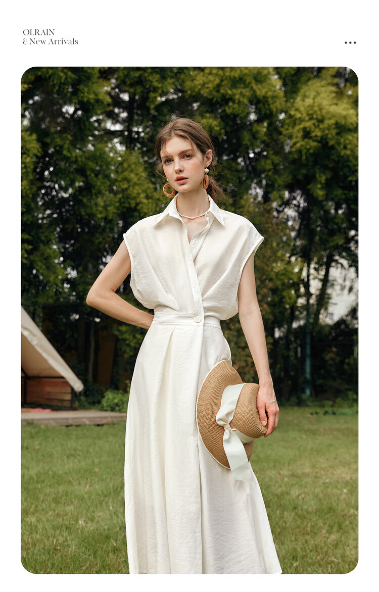 Olrain Eurielle Vintage Shirt-Style Raglan Sleeve Waist-Cinched Dress with Flared Skirt Women Beige L 4