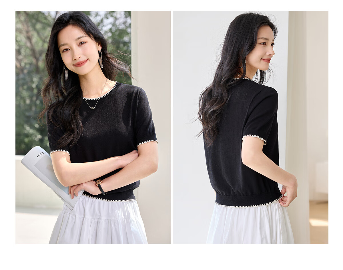 Chushen Summer Knitted Short-Sleeve T-Shirt for Women, Fashionable Round Neck Contrasting Color Design, Simple And Elegant Knitted Top Base Shirt S52T025 7
