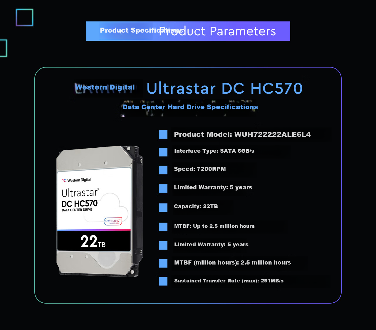 Western Digital (WD) 22TB Enterprise-Grade Helium Mechanical Hard Drive HC570 SATA 7200 RPM 512MB CMR Vertical Server Hard Drive 3.5-Inch WUH722222ALE6L4 2