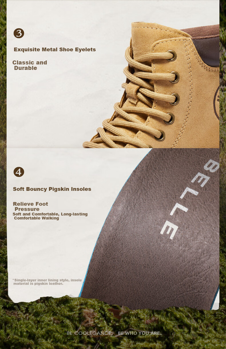 Belle Camping Pioneer Men's Boots, New Thick-Soled Yellow Boots with Fleece Lining for Warmth A1763 Khaki Single Lining Size 42 8