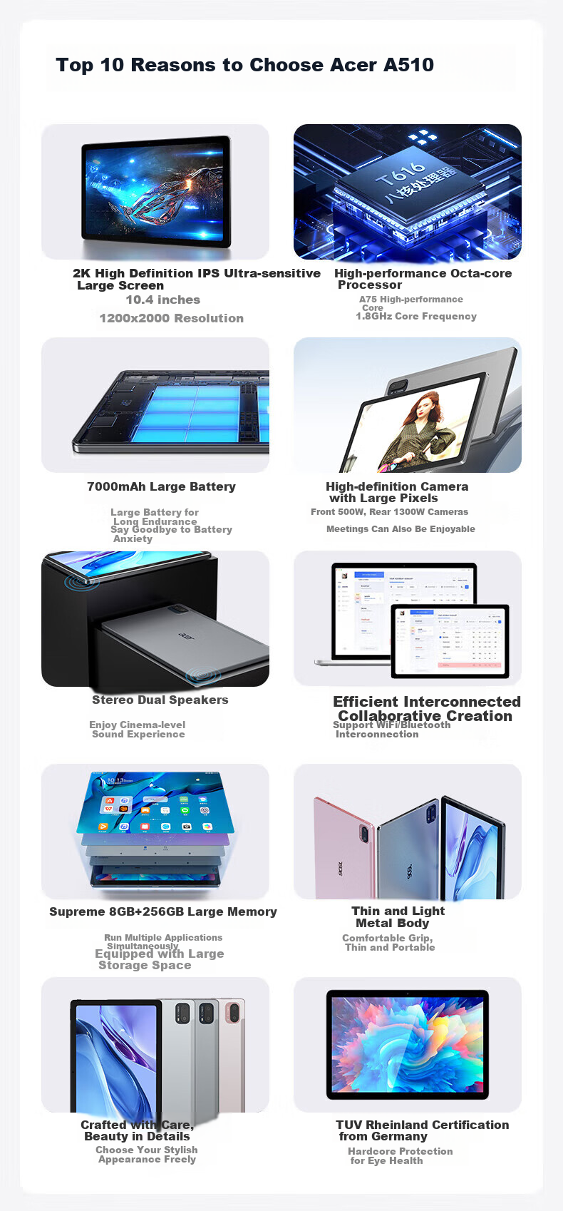 Acer Pad, 10.4-Inch Tablet, 2K High-Definition Full-Screen Display, 4G SIM Card Slot, All-Network Compatible, Low Blue Light Eye Protection, Tablet Computer, IPad, 8GB RAM + 256GB Storage, Gray Color 1
