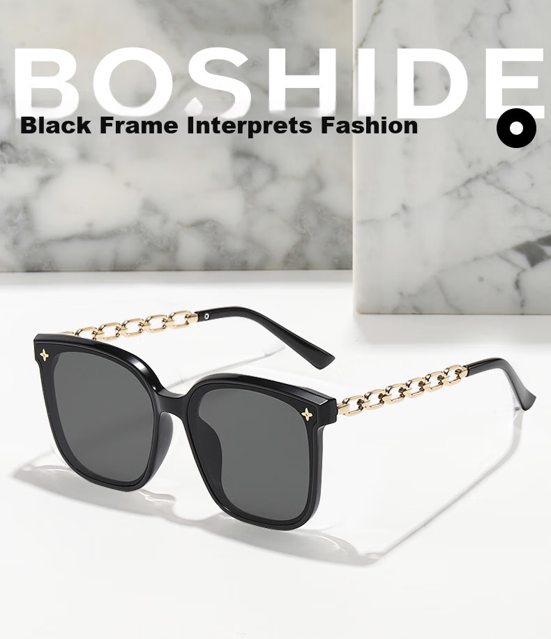 Boshide Sunglasses, Black Square Frame with Chain, Korean Style High-End Sun Protection, Black Gold Frame with Dark Gray Lenses 1