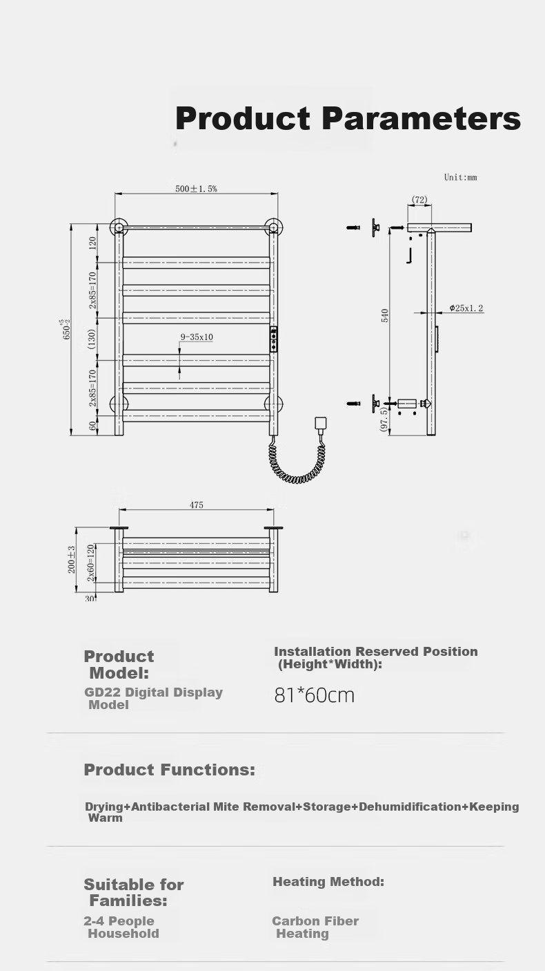 AVONFLOW Electric Towel Rack, No Drilling Required, Carbon Fiber Quick Heating, Digital Display Touch Control Temperature Adjustment, GD22 Digital Model 10