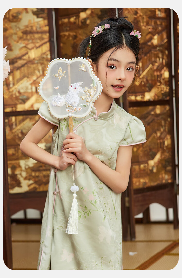 ASK JUNIOR Chinese Style New Mid-Autumn Girls Dress 2025 Summer Qipao Jacquard Princess Dress for Kids Bean Green 110 10