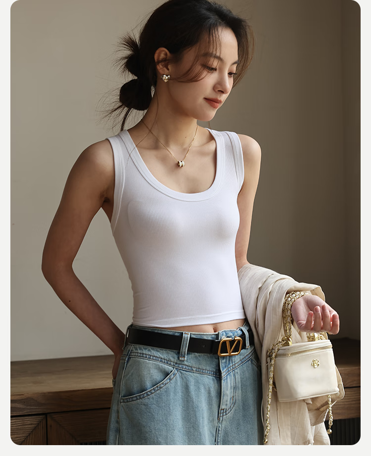 MiiOW Women's Camisole Tank Top [Racerback with Low Cut], Wide Shoulder Versatile Slim Fit Elastic Short T-Shirt, 2026 New White XL 13