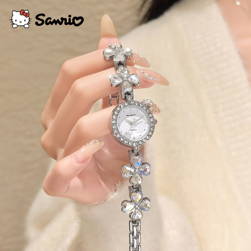 Женские часы Hello Kitty Sanrio "Четырехлистный клевер", кварцевые, браслет из сплава, водонепроницаемые до 30м, диаметр циферблата до 28мм