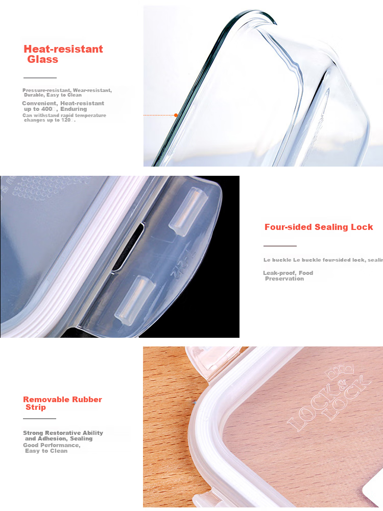 LOCK&LOCK Heat-Resistant Glass Food Storage Containers Set of Three: Sealed Lunch Boxes with Bento Box, Meal Containers And Lunch Bag 1000+750+300ML 10