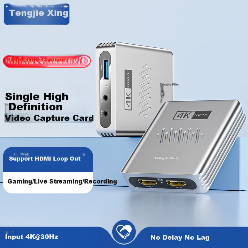 Tengjiexing HDMI Single-Channel Video Capture Card, High-Definition 4K Input 1080P Capture USB 3.0 Loop-Out, Specialized Capture Device for Gaming Live Streaming And Computer Recording TJX-CK301