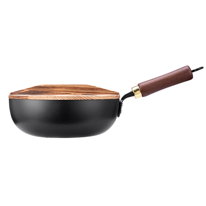 Bear Cast Iron Wok Thickened Hammered Texture Healthy Non-Coated Stainless Steel 28cm with Solid Wood Lid