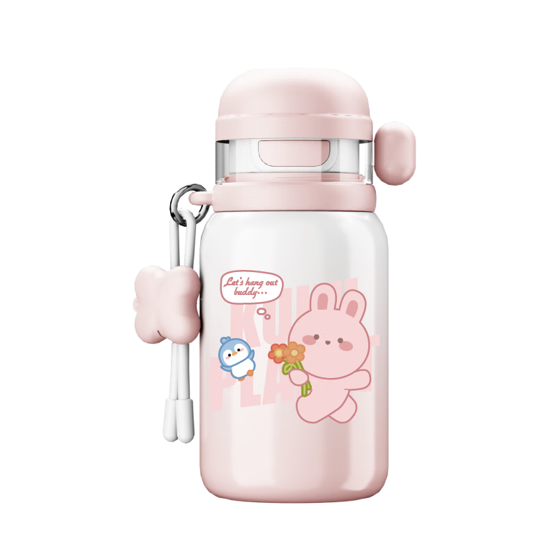 JD Original Children's Insulated Cup, 316 Stainless Steel Double-Lid Three-Drinking Cup for Boys And Girls, Student Straw Water Bottle, 550ml Pink