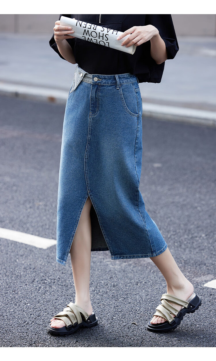 Dme [Ruffled Skirt] Autumn Casual Style Front Slit Triangle Design Denim Midi Skirt for Wome 6