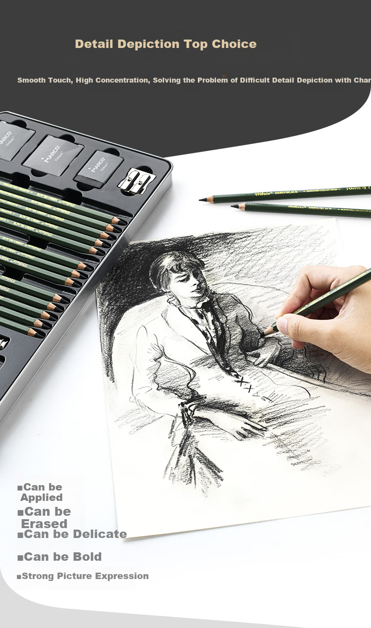 MARCO Master Oil-Based Colored Pencils Art Student Set, Student Colored Pencils Birthday Back-To Gift, Master Gift Box [Charcoal Pencil Set] 11