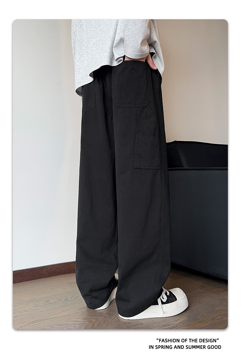 CLOR Japanese-Style Cargo Pants for Men, Spring And Summer Loose-Fit Pure Cotton Vintage Logging Straight-Leg Casual Trousers, CL55 Black XL 4