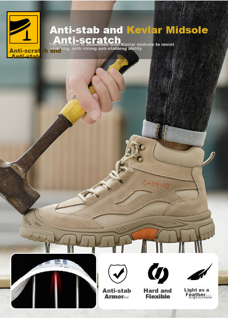Chichengniao Safety Shoes for Men, Anti-Smashing And Puncture-Resistant Insulated Shoes with Plastic Toe Cap, Lightweight And Wear-Resistant Soft Sole, Breathable Summer Work Safety Shoes [High-Top Protection] Anti-Smashing And Puncture-Resistant - 2373 Sand Color Size 36 10