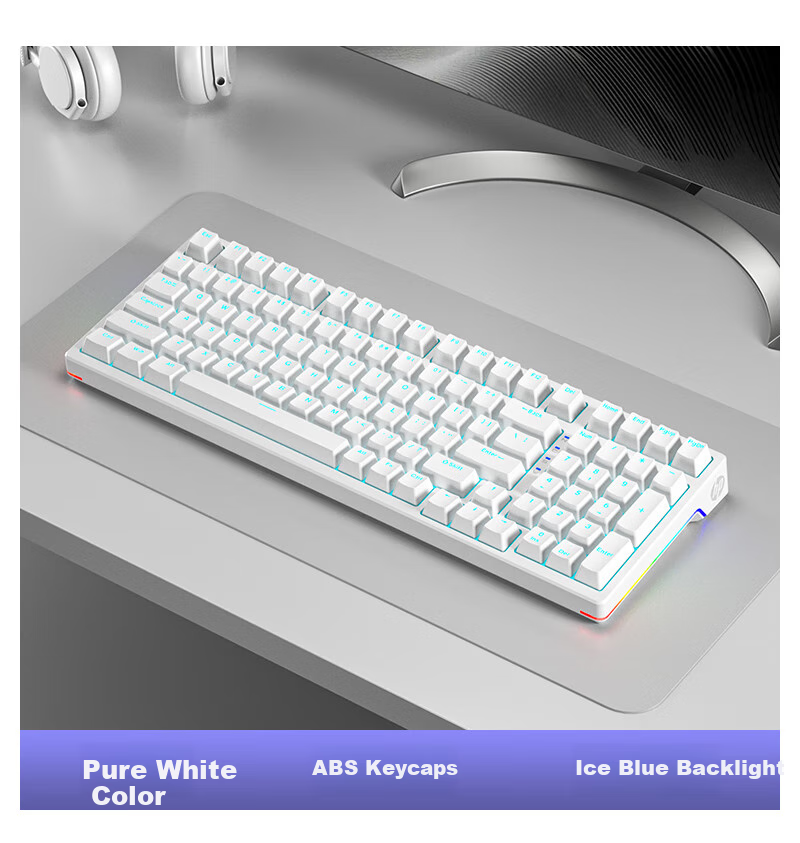 HP GK100 Wired Backlit Mechanical Keyboard 104-Key Full-Size Gaming Office Ergonomic Computer Peripheral Side-Printed White Light Blue Switch 12