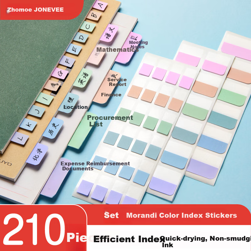 JONEVEE Index Tabs, Morandi 6 Colors, Multiple Sizes, 210 Pieces, Name Labels, Transparent Sticky Notes, Writable Memo Pads, Error Classification Notes, MT1521