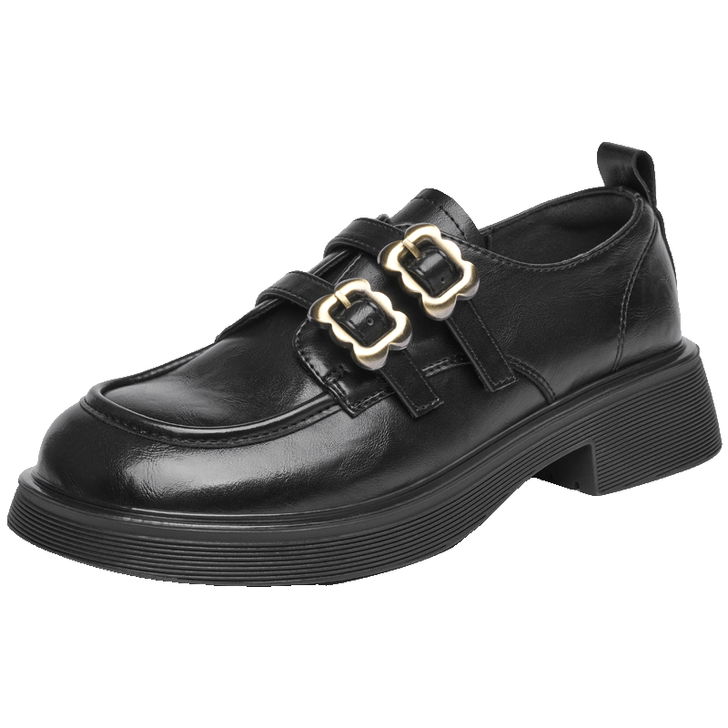 Josiny Versatile Leather Shoes for Women, Spring And Summer Retro French British Style Flats, Thick-Soled Versatile Black Loafers, Black, Size 36