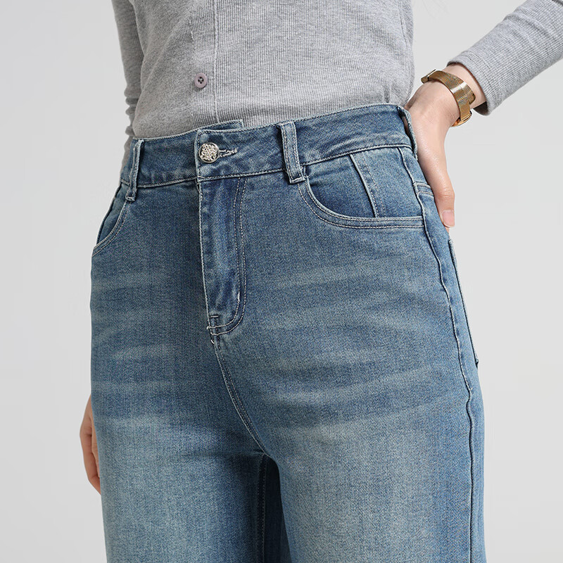 Meishi Women's Denim Jeans 2026 Spring High Waist Slim Fit Straight Wide Leg Pants 8052 Blue Size 30