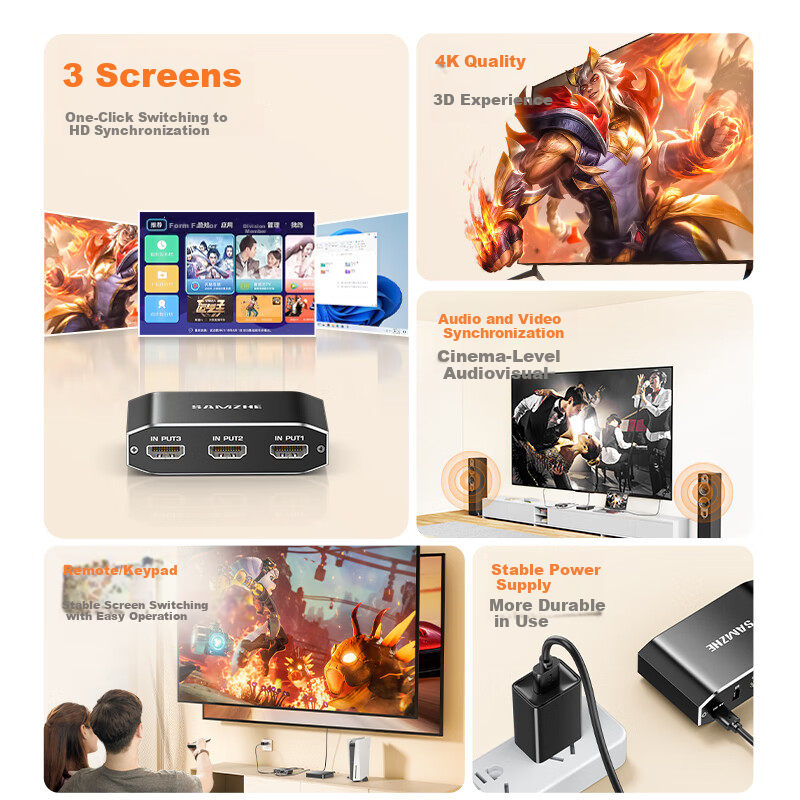 HDMI сплиттер SAMZHE QH31, 3 входа, 1 выход, 4K@60Hz, HD видео, для ноутбука, монитора, ТВ, проектора