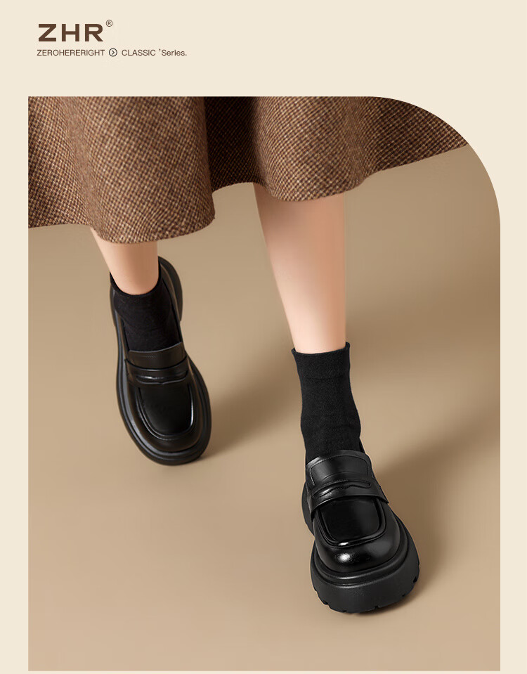 ZHR Thick-Soled Women's Flats, Retro Lightweight Leather Shoes, British-Style Chunky Heel Loafers, Comfortable Commuter Shoes for Women, JF186 Black Size 36 10