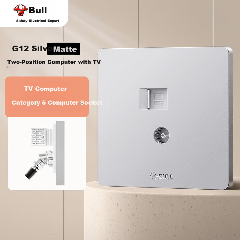 BULL Wall Socket G12 Series, Two-Outlet Computer And TV Socket, 86-Type Panel G12T223, Cream-Colored Space Silver