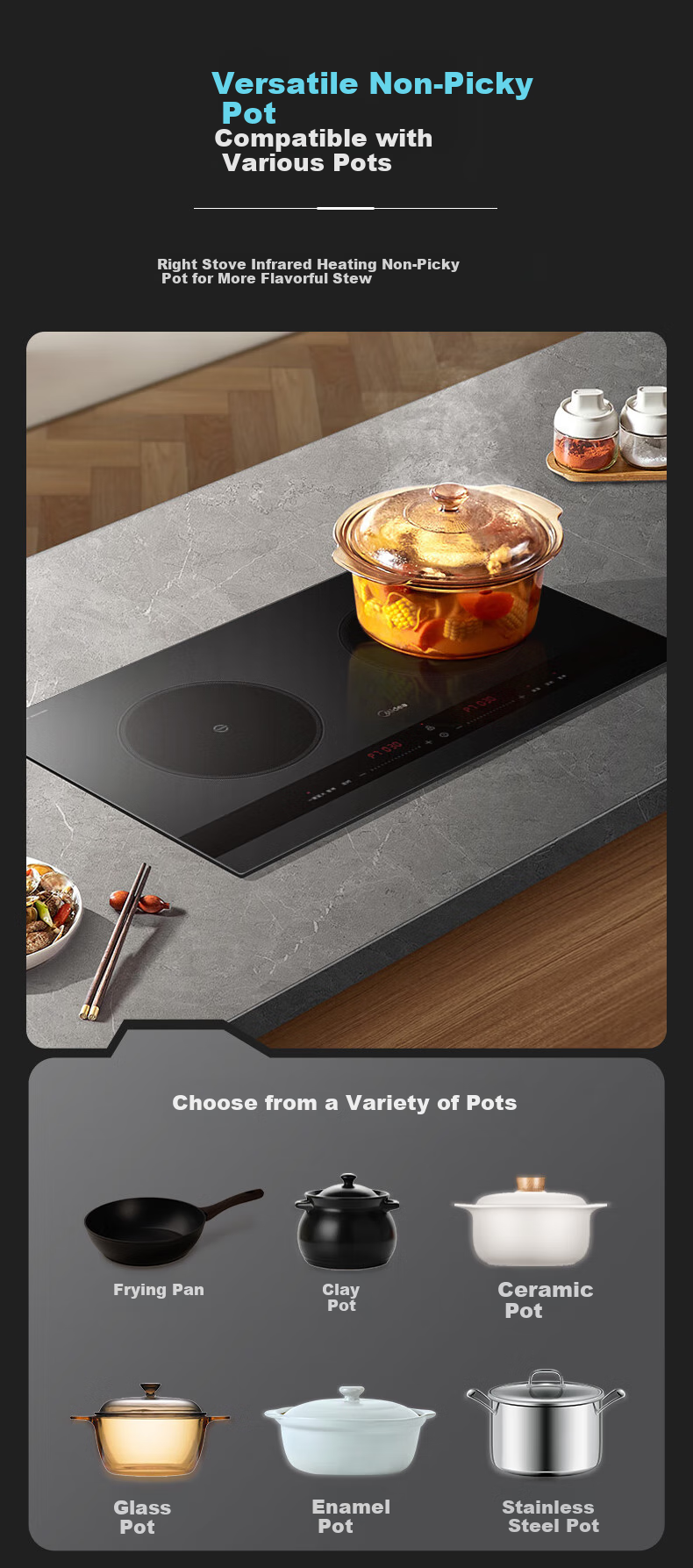 Midea Concave Induction Cooker, Dual Burner, 3500W High Power, Ceramic Cooktop, Built-In Electromagnetic Stove, Compatible with All Cookware, Timer Cooking, Constant Even Heat, Integrated Panel, Wear-Resistant And Easy to Clean, DZ35AT09P 10