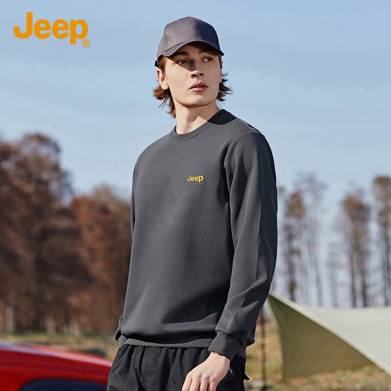 JEEP [Containing Mulberry Silk & Embroidery] Men's Sweatshirt, Solid Color, Loose Fit, Casual Sports T-Shirt, Dark Gray, XL