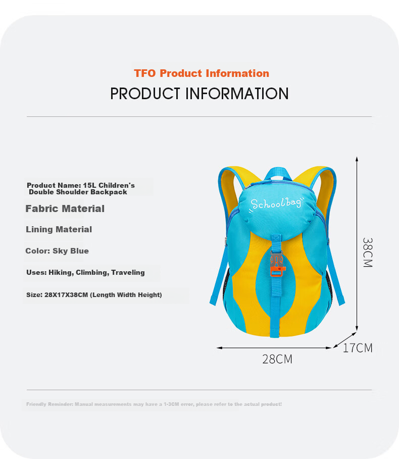 TFO Competition-Grade Children's Outdoor Backpack, Hiking And Mountaineering Bag, Travel Backpack 9202427, Sky Blue, 15L 8
