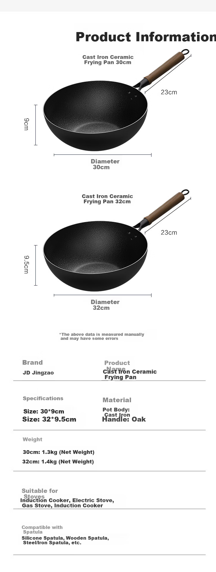 JD Original Iron Wok, Non-Stick Frying Pan for Induction Cooker And Gas Stove [Fluorine-Free Healthy] 32cm 7